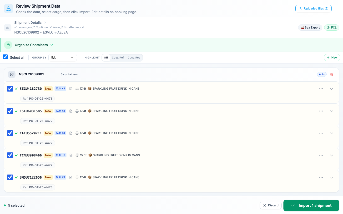 CargoMode shipment review showing five separate container rows, weights, customer references and grouping controls