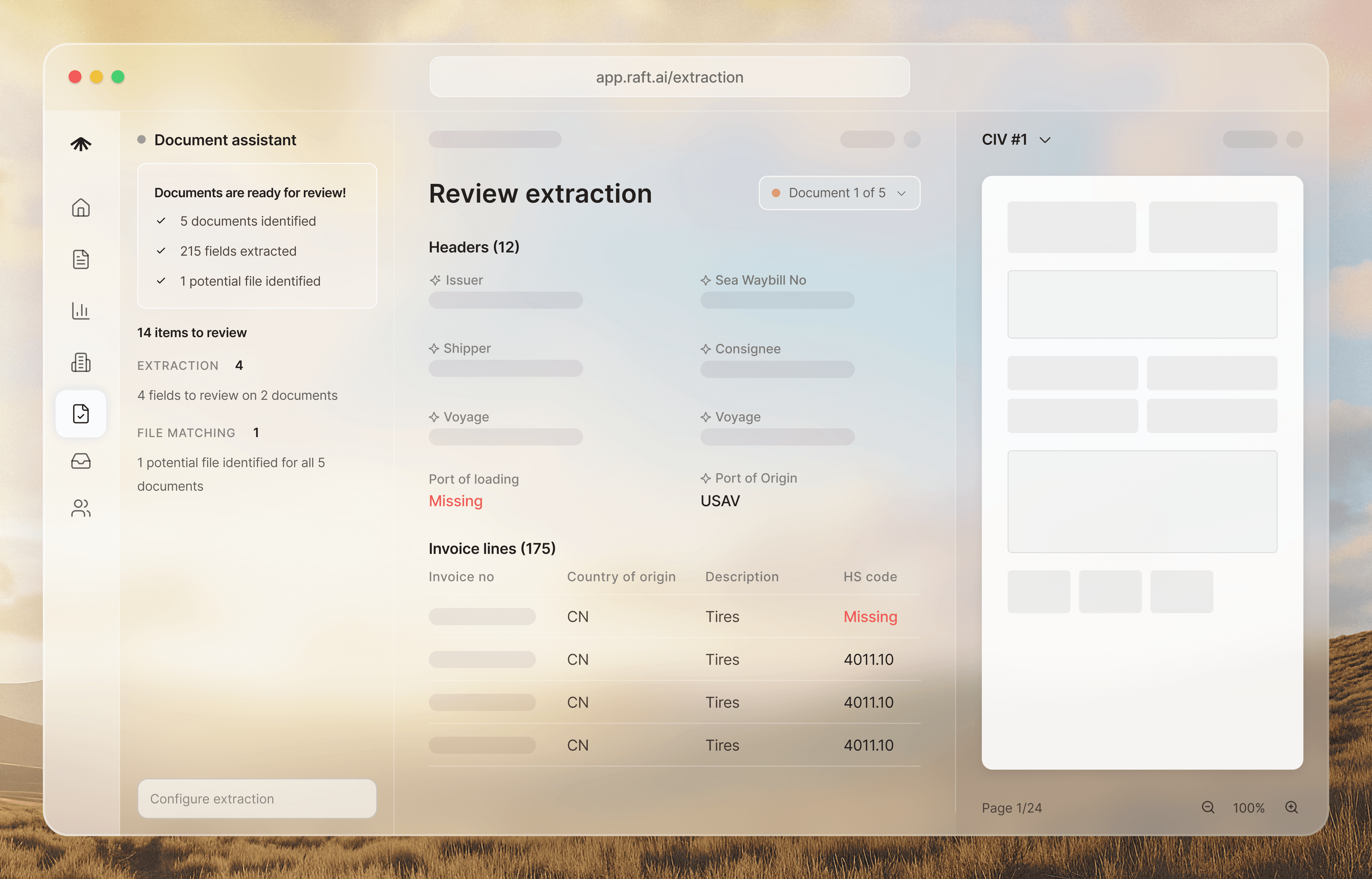 Raft's published Extraction Studio illustration showing extraction review and missing fields